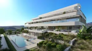 Exclusieve moderne appartementen van Celestia Homes in Arroyo Enmedio, Estepona, met uitzicht op de Middellandse Zee, omgeven door weelderige tuinen, een centraal zwembad en luxe voorzieningen